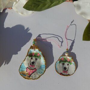 Set of 2 White Poodle - Oyster & Scallop Shell - Decoupage Ornaments